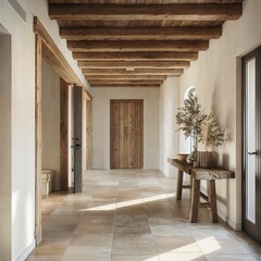 Rustic hallway with wooden beams, console table, and neutral decor.