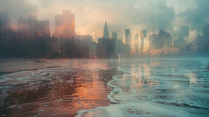 Contrast in landscapes of New York City skyline juxtaposed with the serene beaches of Hawaii in a mesmerizing double exposure.