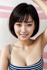 Photo Portrait of a Beautiful Asian Female in striped top