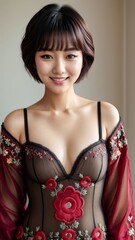 Photo Portrait of a Beautiful Asian Female in Embroidered Bodysuit