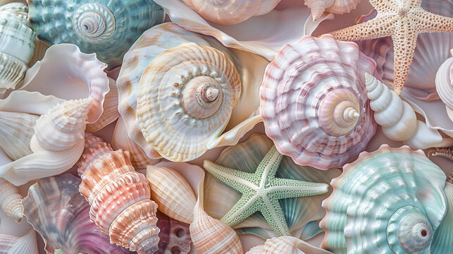 abstract background of pastel colored starfish and seashells