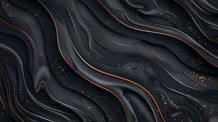 Abstract background with dark waves and golden lines, black textured background in the style of an abstract artist.