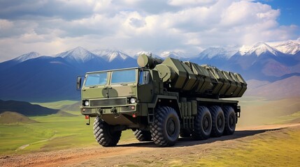 Military launcher with a missile ready for transportation and launch. Concept: military technologies and conflicts of countries