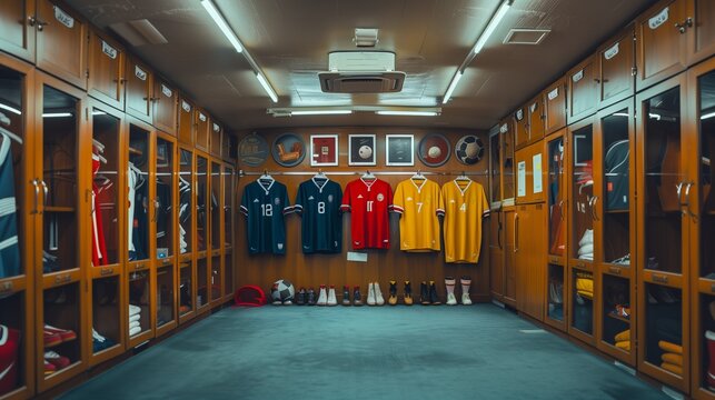 Locker Room: Jerseys, boots, gear arranged, signifies teamwork and readiness. - Powered by Adobe
