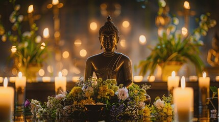 serene arrangement of fresh flowers in front of a Buddha statue, illuminated by soft candlelight for Asalha Bucha Day