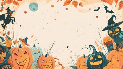 Autumn Spooky Seasonal with Pumpkins Ghosts Bats and Witches in Eerie Enchanted Forest