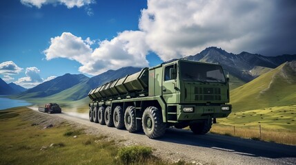 A military truck against the background of an explosion, moving along a dusty road.
Concept: Military operations, equipment, combat operations, the power and strength of the army, transportation of eq