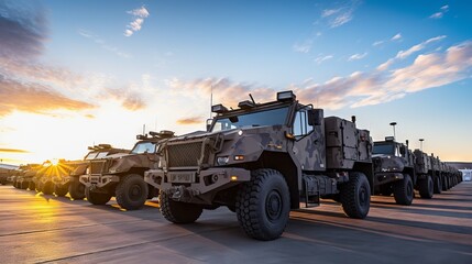 A military truck against the background of an explosion, moving along a dusty road.
Concept: Military operations, equipment, combat operations, the power and strength of the army, transportation of eq