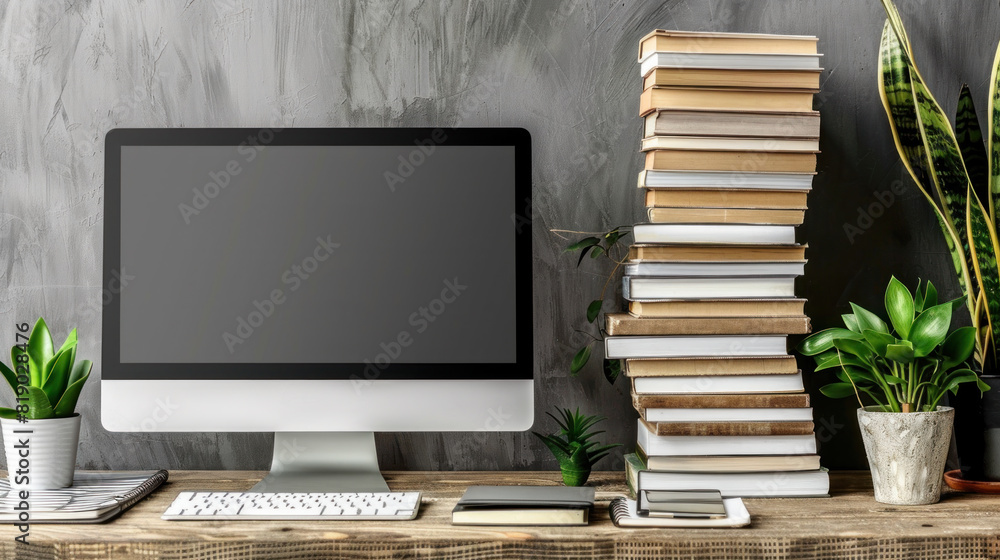 Aufkleber a computer monitor sits on a desk next to a stack of books and a potted plant. concept of productivi