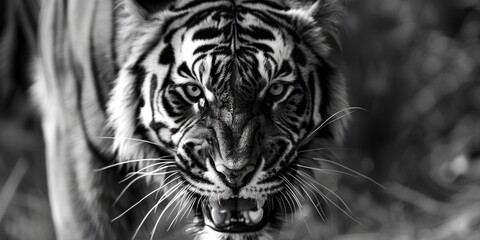 Close-up of the head of an aggressive tiger ready to attack. Wild animal in monochrome style