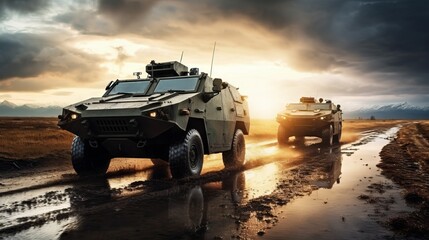 A military truck against the background of an explosion, moving along a dusty road.
Concept: Military operations, equipment, combat operations, the power and strength of the army, transportation of eq