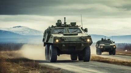 A military truck against the background of an explosion, moving along a dusty road.
Concept: Military operations, equipment, combat operations, the power and strength of the army, transportation of eq