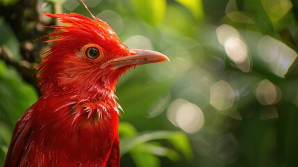Fototapeta premium Close-up portrait of an exotic red bird (fictious species) in the tropical jungle