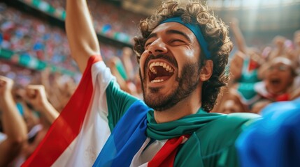 A happy fan at a public event in a stadium, holding an Italian flag with a smile and making a gesture, while enjoying the fun and leisure with a cheering crowd. AIG41