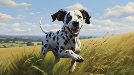 A playful Dalmatian happily leaping in a field of tall grass, its ears flying in the wind as it enjoys the freedom of open space.