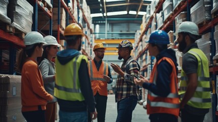 A bunch of construction workers wearing hard hats and high-visibility clothing discuss work in a warehouse. AIG41