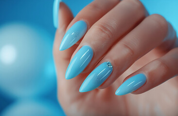 Sky Blue Gel Nail Standing Out Against a Blue Background on One Hand