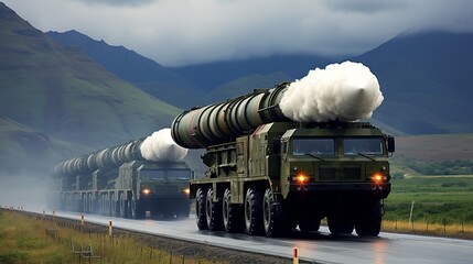 Military launcher with a missile ready for transportation and launch. Concept: military technologies and conflicts of countries