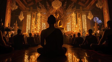 The silhouette of a Buddha statue against the backdrop of a decorated temple on Magha Bucha Day, with monks in prayer