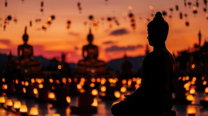 The silhouette of a Buddha statue against the backdrop of a decorated temple on Magha Bucha Day,...