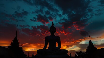 The silhouette of a Buddha statue against the sky, with a temple roofline in the background on Visakha Bucha Day