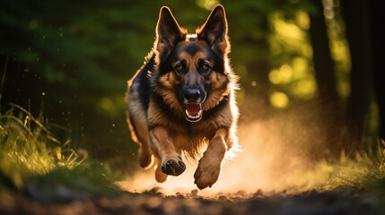 A playful German Shepherd chasing its own shadow with delight, its tail wagging vigorously.