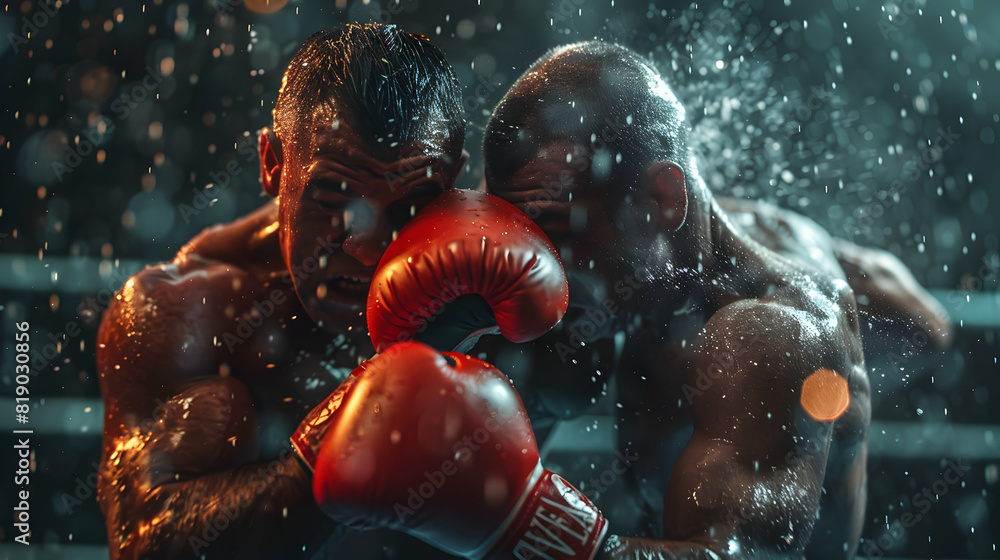 Poster intense photo realistic image of two boxers in a clinch demonstrating close combat strategy and inte
