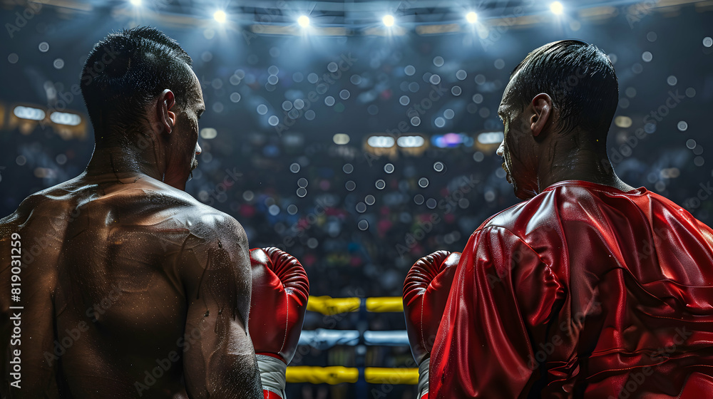 Poster photo realistic image of boxers receiving final instructions from referee for match, emphasizing rul