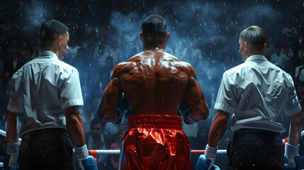 Photo realistic concept of Boxers receiving final instructions from the referee before the match, emphasizing rules and sportsmanship