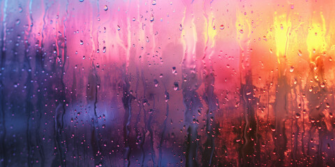 condensation and raindrops on a window. pink purple sunset blur.