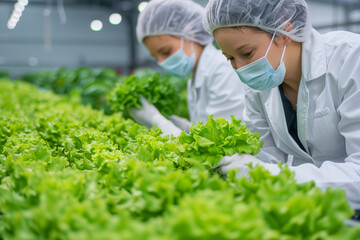 Sciencetists in protective workwear holding sample of green lettuce seedling