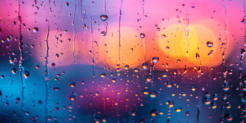 condensation and raindrops on a window. pink purple sunset blur.