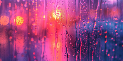 condensation and raindrops on a window. pink purple sunset blur.