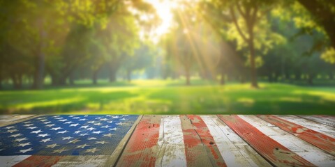Beautiful background of a wooden table with an american flag on a blurred green park nature, suitable for product display or a montage of food and drink products, 4th July