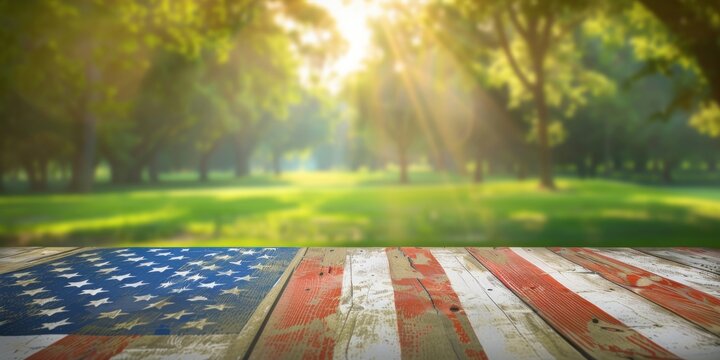 Beautiful background of a wooden table with an american flag on a blurred green park nature, suitable for product display or a montage of food and drink products, 4th July