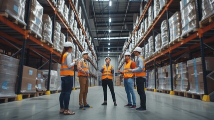 A team of warehouse workers in safety vests engage in a group discussion in a large modern logistics center. AIG41