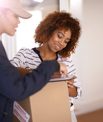 Box, delivery and signature of woman with courier in home for ecommerce, distribution or shipping....