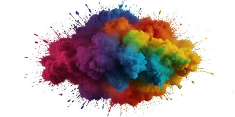 Multicolored rainbow explosion of cloud powder paint holi decoration isolated on transparent background. Vector abstract colorful rainbow holi paint festival background.