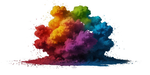 Multicolored rainbow explosion of cloud powder paint holi decoration isolated on transparent background. Vector abstract colorful rainbow holi paint festival background.
