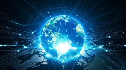 Global Connectivity and Technology Concept with Earth Globe on Dark Blue Background