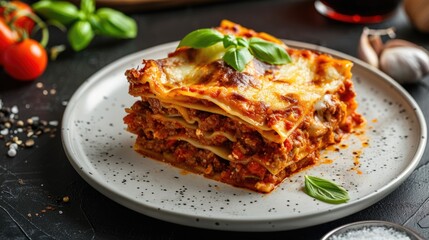 Collation of tasty hot lasagna served with a basil leaf on a white plate. Italian cuisine, menu, and recipe Homemade meat lasagna.