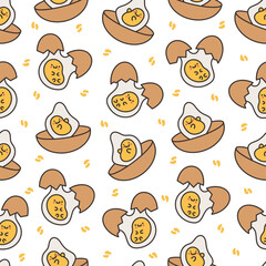 Kawaii yolk with funny face. Seamless pattern. Cartoon egg character for breakfast. Hand drawn style. Vector drawing. Design ornaments.
