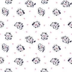 Cute kawaii baby cow. Seamless pattern. Cartoon farm animal character in different poses. Hand drawn style. Vector drawing. Design ornaments.