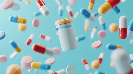 3D vector illustration of flying pills, tab packaging and bottle floating on a light blue background with retrieval of parameters. Colorful design concept for a banner or poster ad for pharmacy, medic