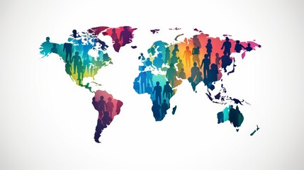 Color map of the world with silhouettes of people of different nationalities and cultures. symbol of diversity and unity of humanity