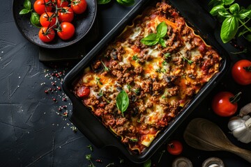 Collection of lasagna with ricotta cheese, ground beef, mushrooms, and tomato sauce in a black ceramic baking dish