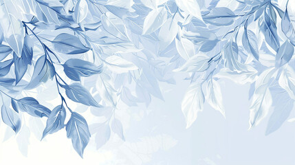 Light blue background with light gray leaves, vector illustration in the style of delicate watercolor and crisp lines, gradient colors