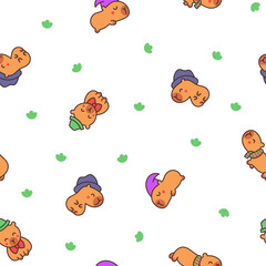 Kawaii happy capybara. Seamless pattern. Cute cartoon funny animals character. Hand drawn style. Vector drawing. Design ornaments.