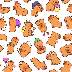 Kawaii happy capybara. Seamless pattern. Cute cartoon funny animals character. Hand drawn style. Vector drawing. Design ornaments.