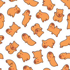 Kawaii happy capybara. Seamless pattern. Cute cartoon funny animals character. Hand drawn style. Vector drawing. Design ornaments.